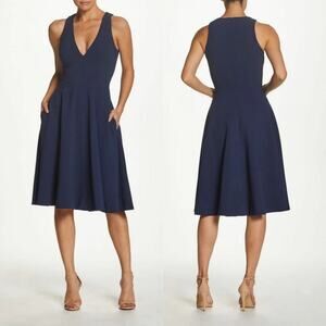 Dress the Population Catalina Fit and Flare V-Neck Dress Midnight Blue Large